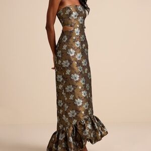 Lulus Nathania Olive Floral Jacquard Strapless Bubble-hem Maxi Dress Green
